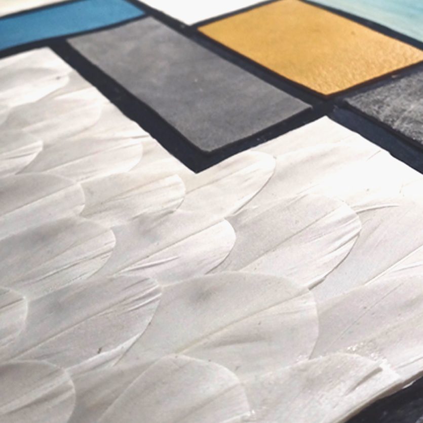 phot de détail : marqueterie de plumes d'oie et cuir pour un cadre mural inspiration Mondrian